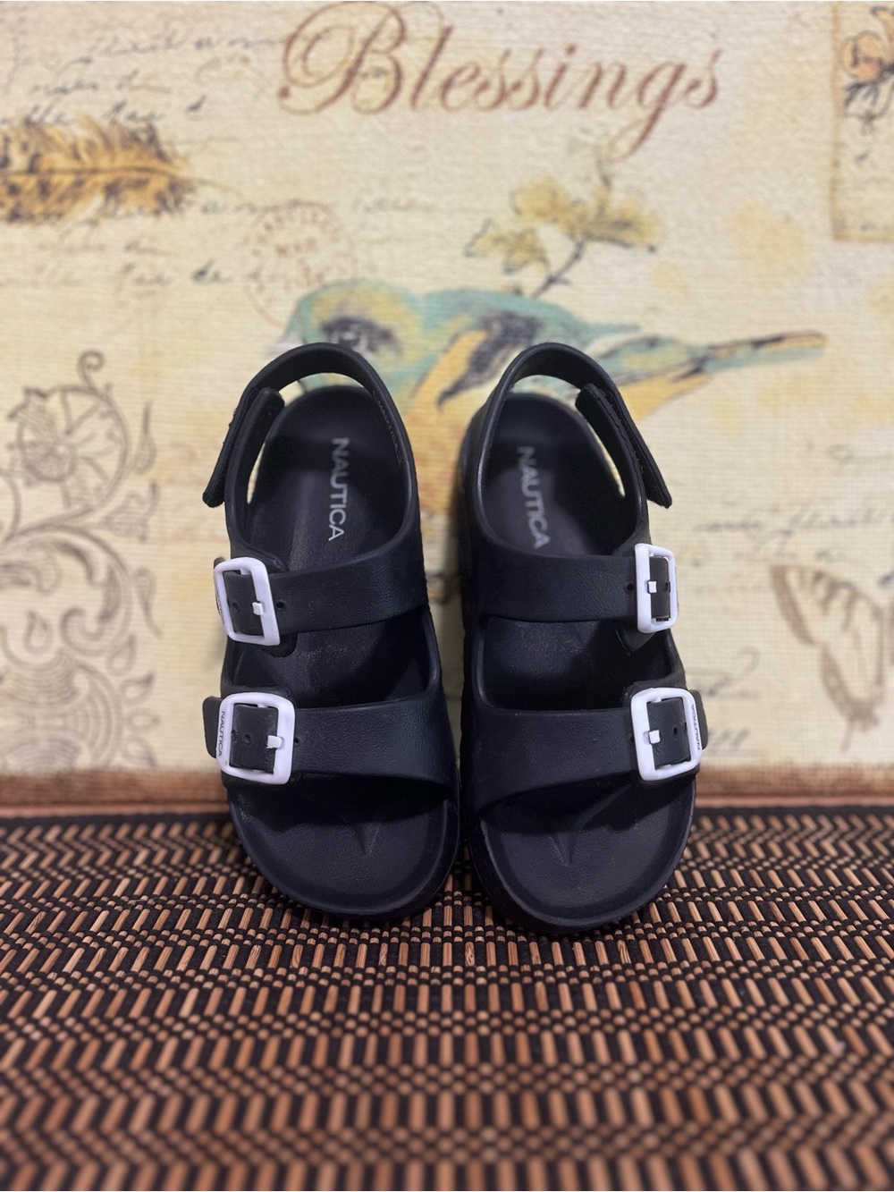 Nautica Kids Black Sandals with White Buckles